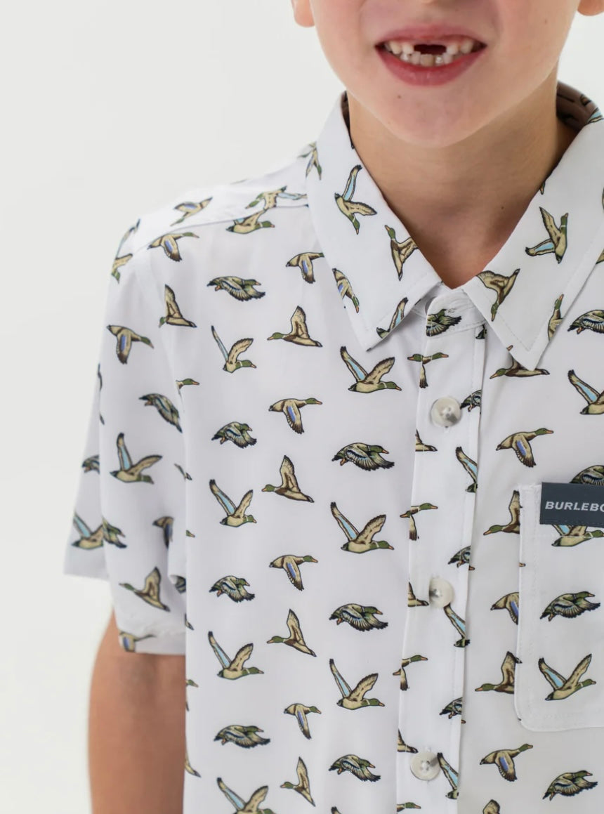 Flying Mallard Ducks Youth Performance Button Up Shirt Burlebo