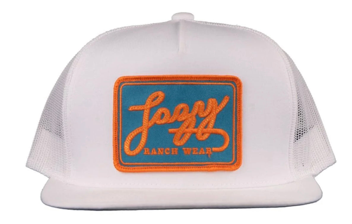 LAZY J RANCH WHITE TEAL BREAKAWAY PATCH CLASSIC FIVE PANEL TRUCKER HAT