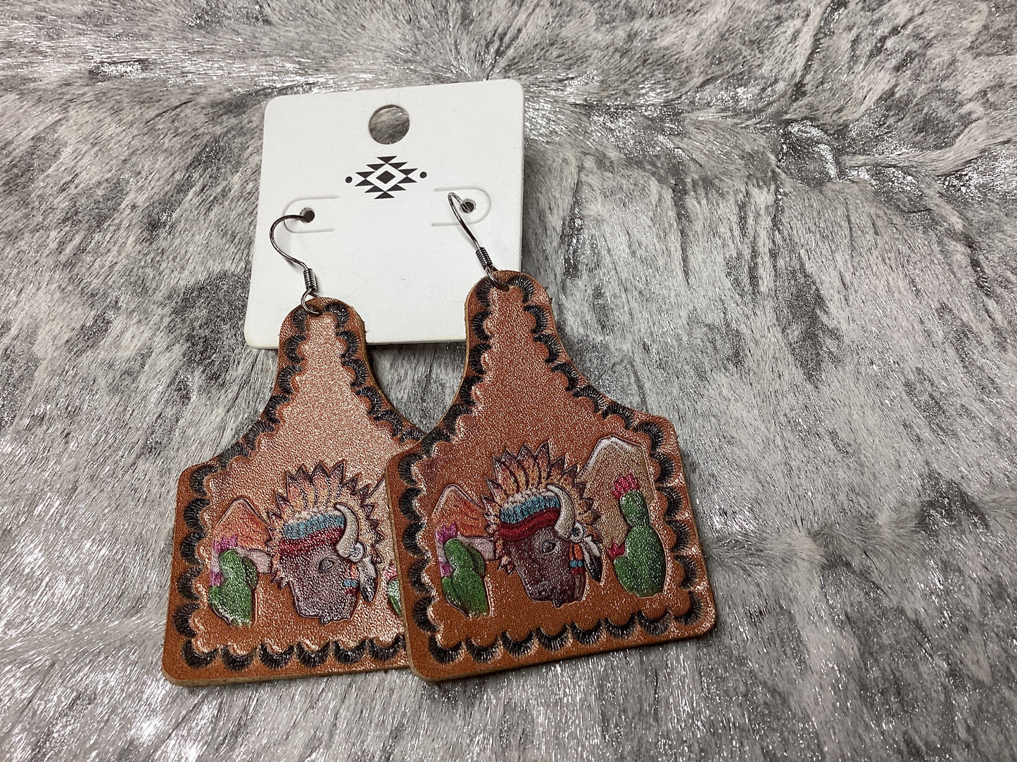 Cow tag  Cactus leather earrings