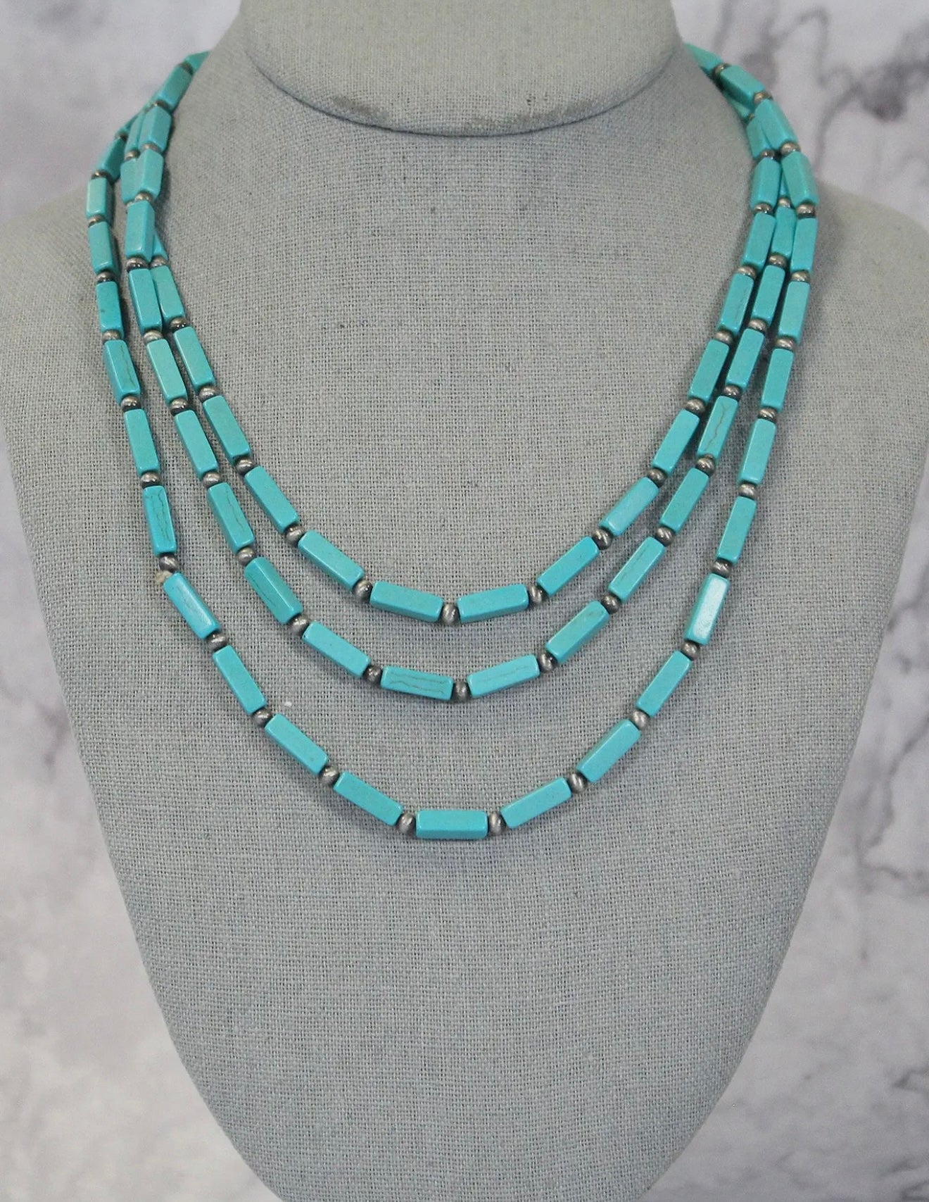 Western Rectangle Turquoise Triple Strand Beaded Necklace TH