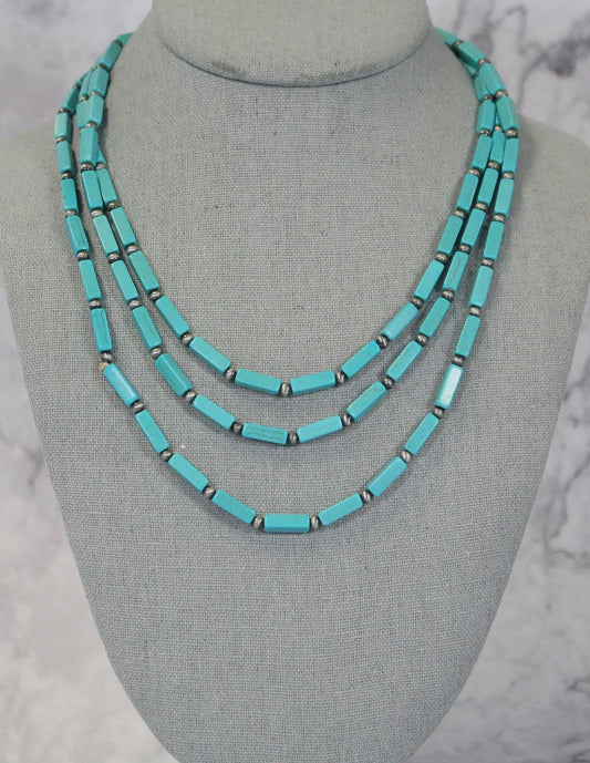 Western Rectangle Turquoise Triple Strand Beaded Necklace TH