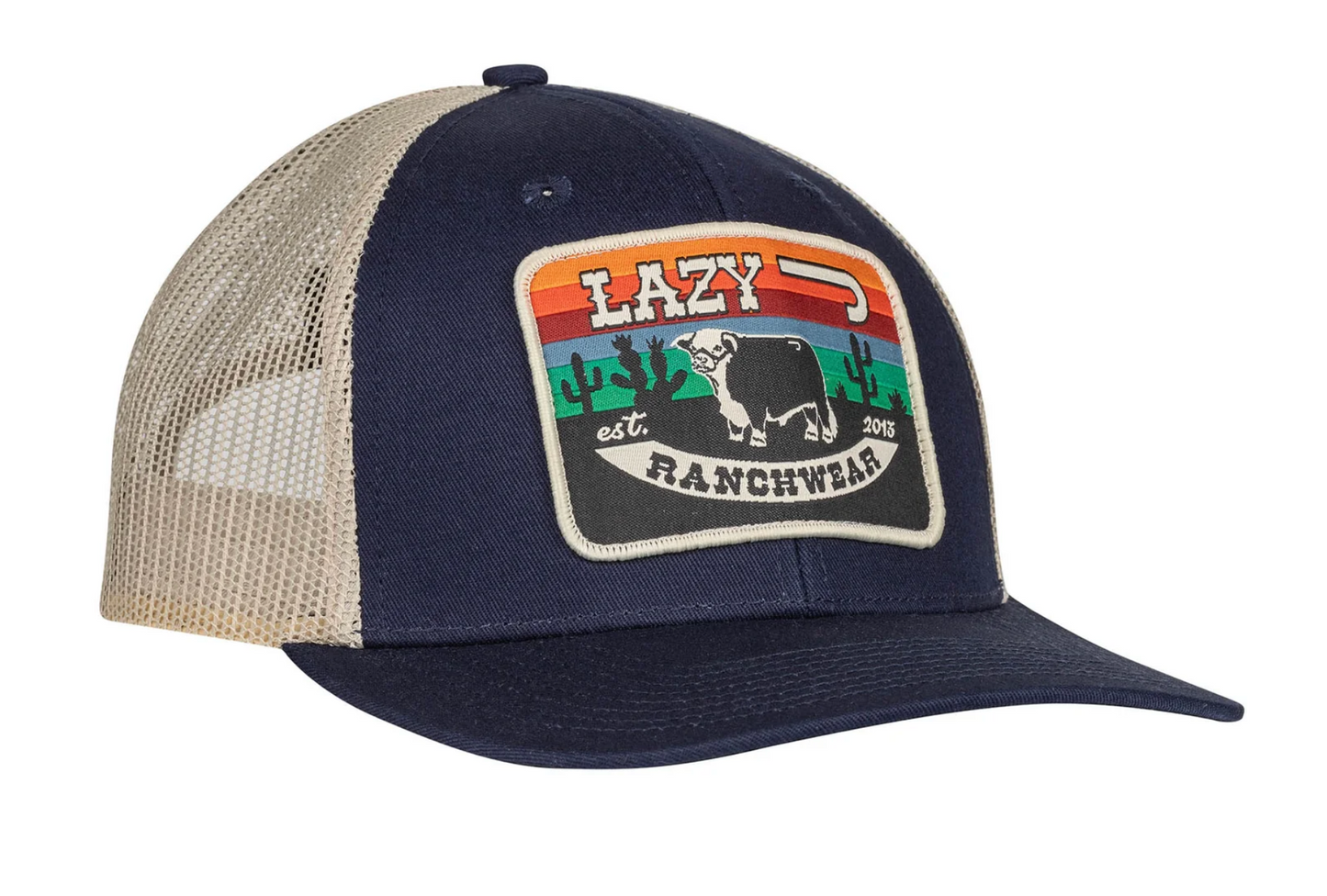 LAZY J RANCH NAVY & TAN SERAPE SUNRISE MID PROFILE TRUCKER HAT