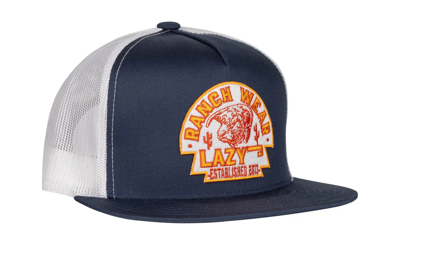 LAZY J RANCH NAVY & WHITE RUSTY ARROWHEAD CLASSIC FIVE PANEL TRUCKER HAT