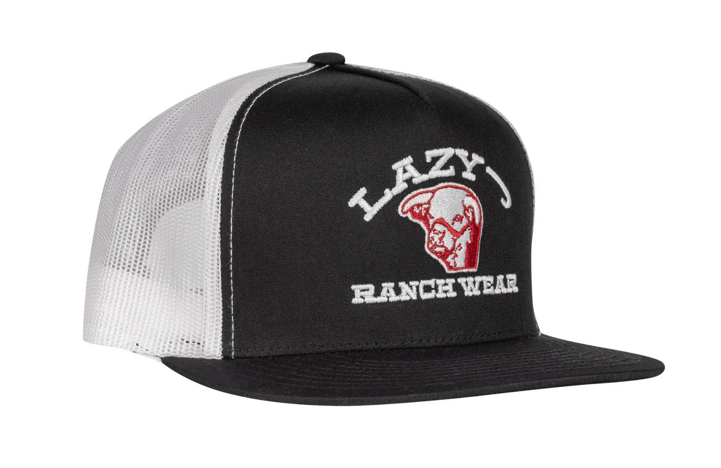 LAZY J RANCH BLACK & WHITE EMBROIDERED SHOW TIME CLASSIC FIVE PANEL TRUCKER HAT