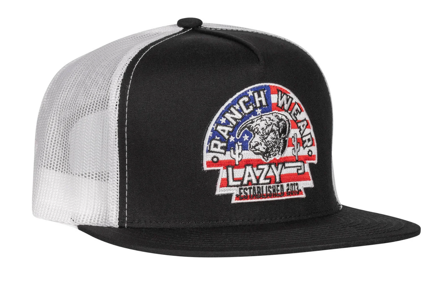 LAZY J RANCH BLACK & WHITE USA ARROWHEAD CLASSIC FIVE PANEL TRUCKER HAT