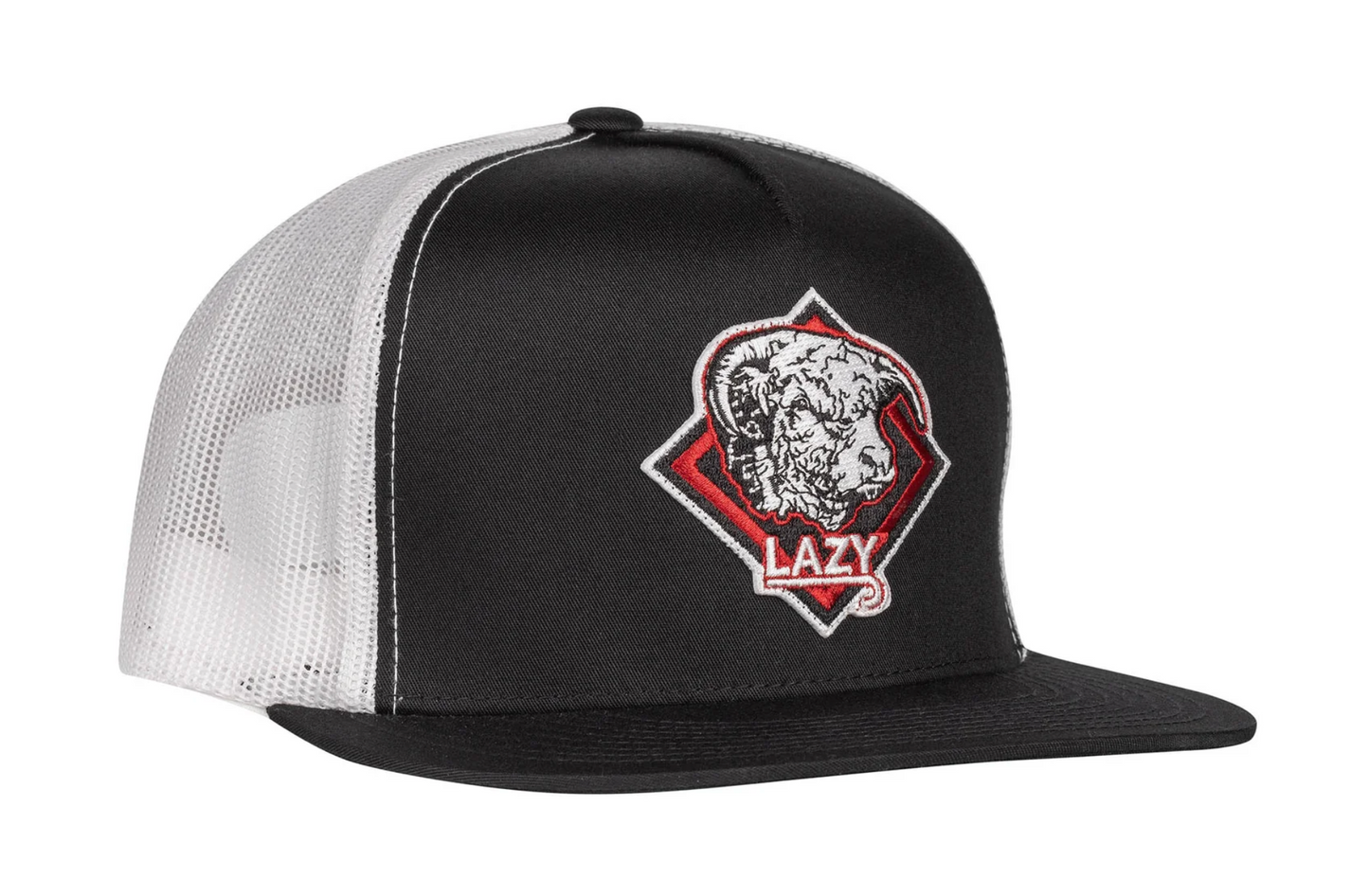LAZY J RANCH BLACK & WHITE RED DIAMOND HEREFORD CLASSIC FIVE PANEL TRUCKER HAT