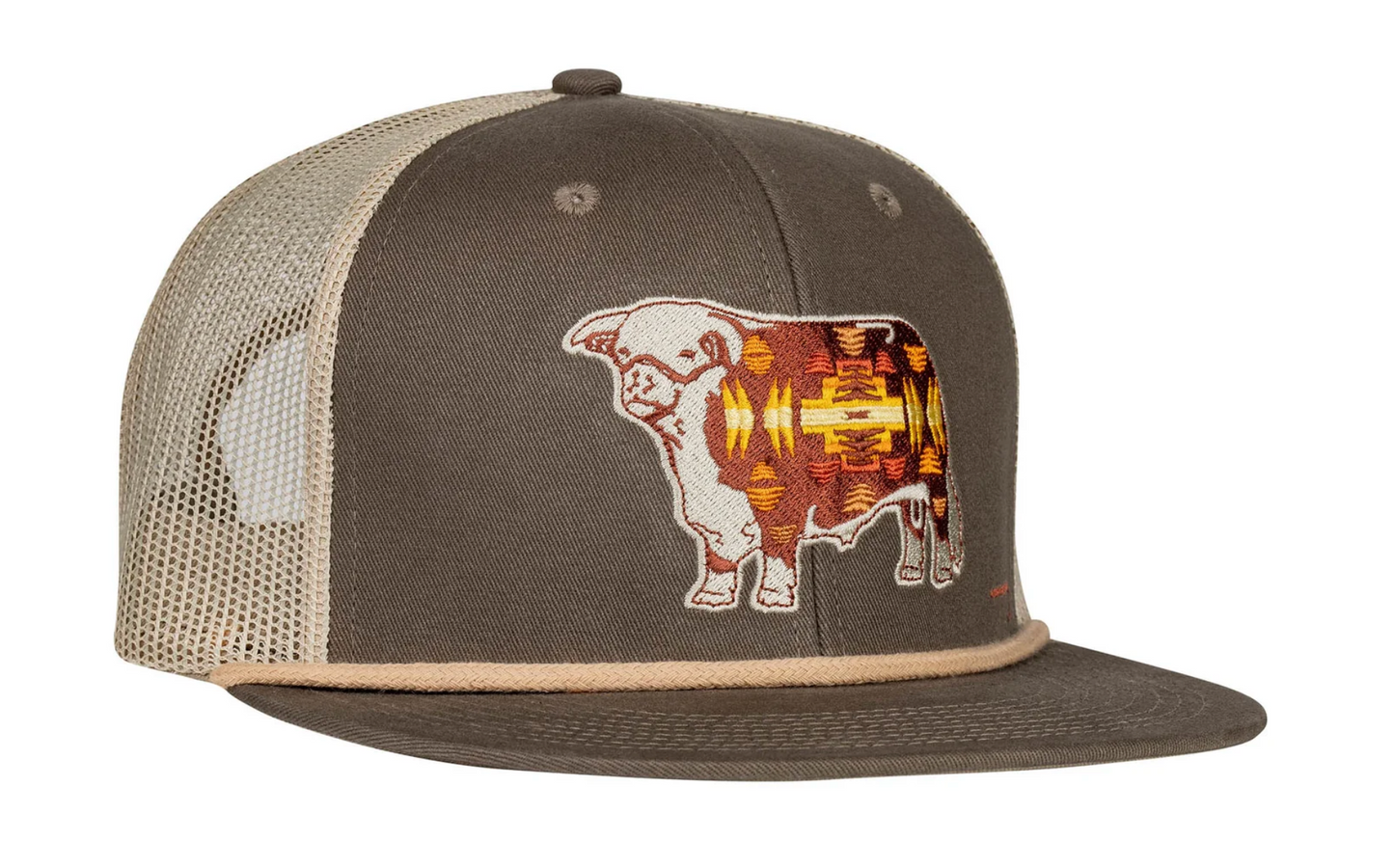 LAZY J RANCH OLIVE & TAN APACHE HEREFORD BULL CLASSIC TRUCKER ROPE HAT