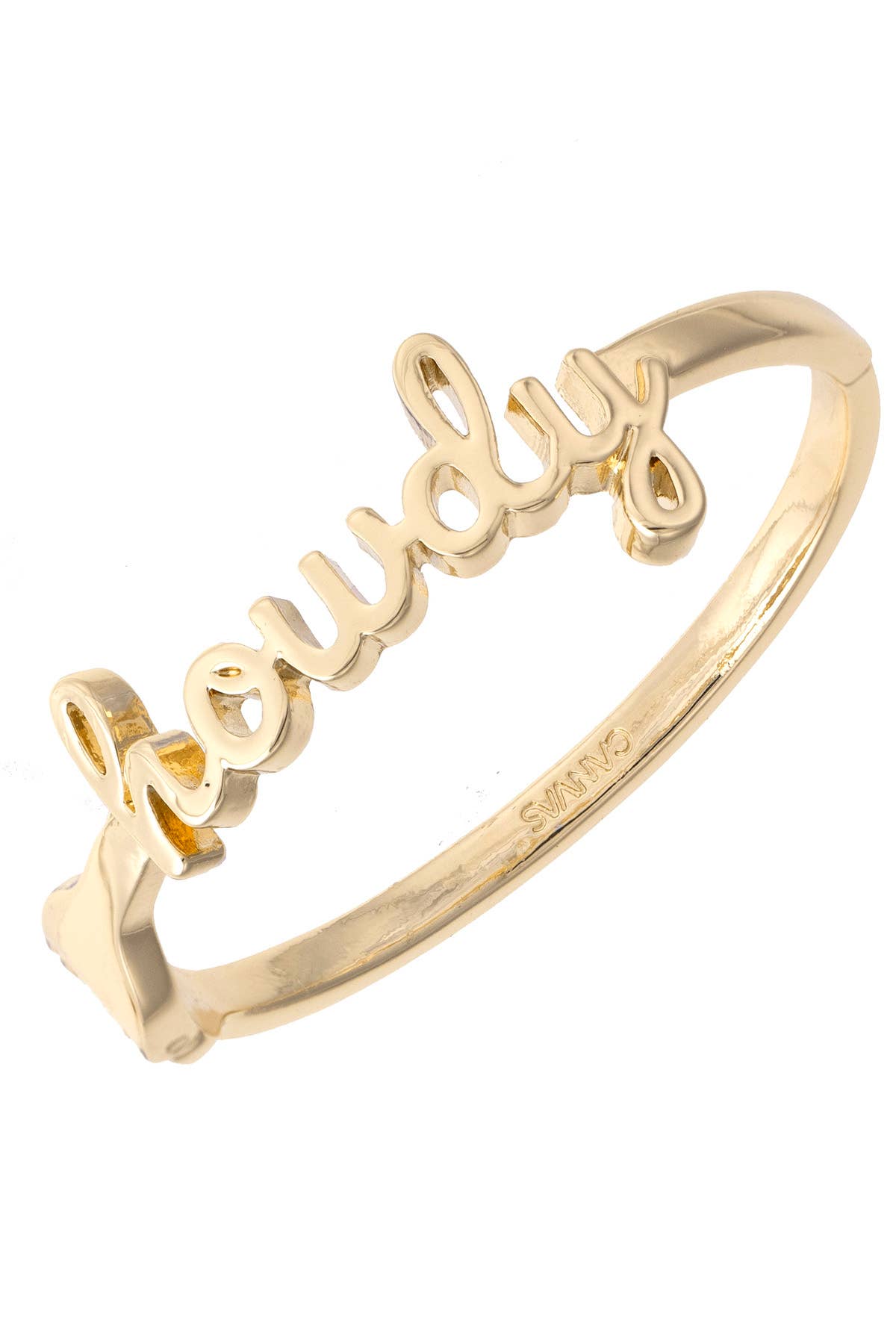 Howdy Cursive Hinge Bangle in Shiny Gold Canvas
