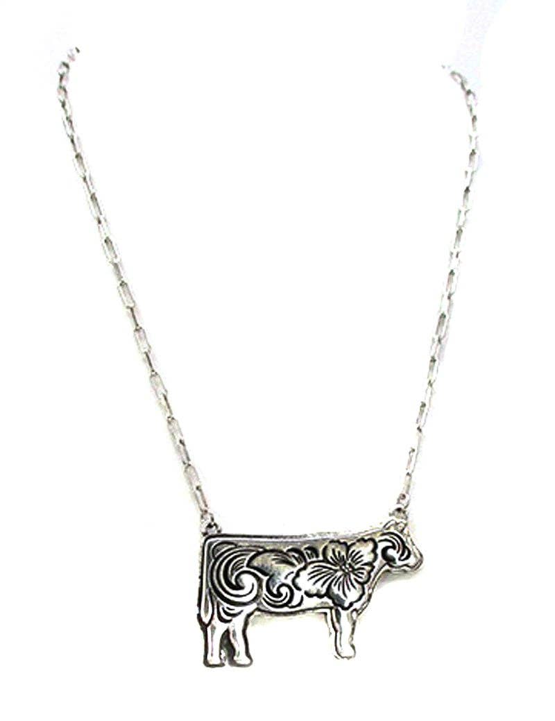 Western Etched Cow Necklace (Snowing)