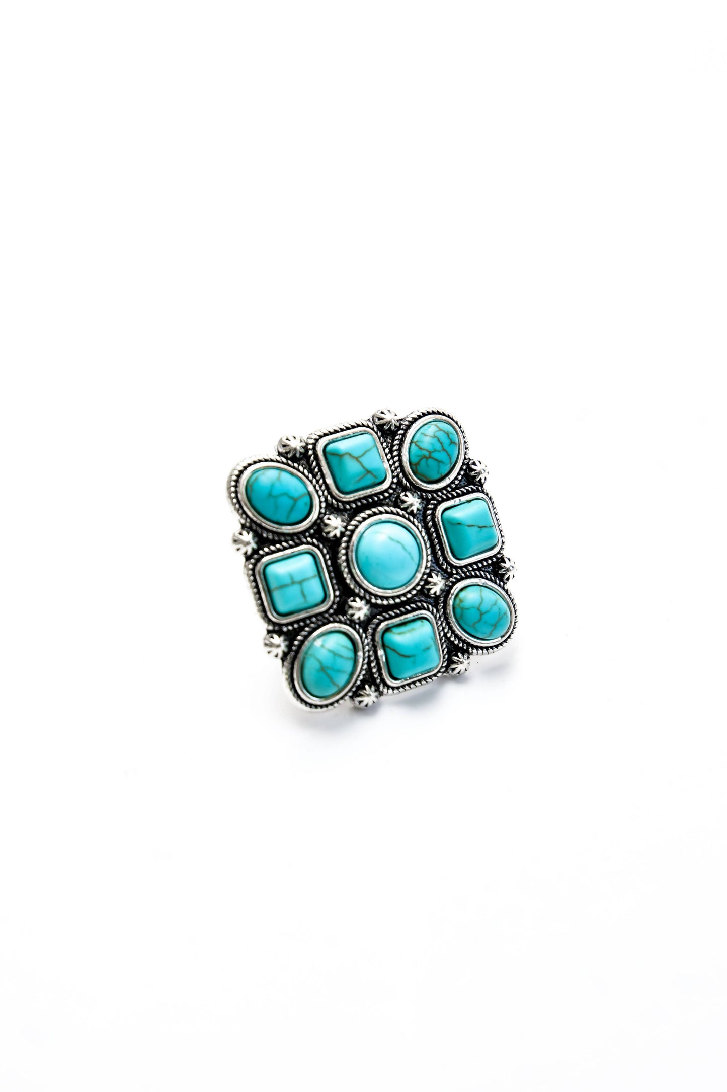 Adjustable Turquoise and Silver Square Multi Stone Ring west co