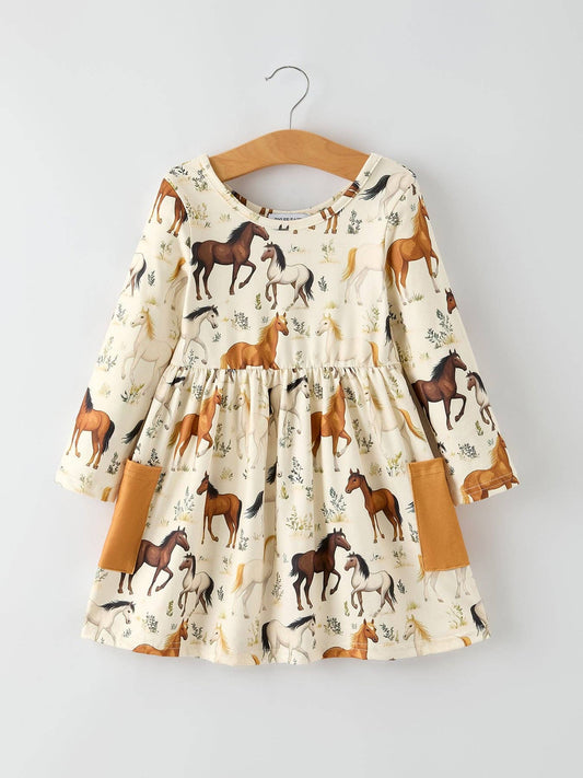Western Horse Print Long Sleeve Dress Rylee
