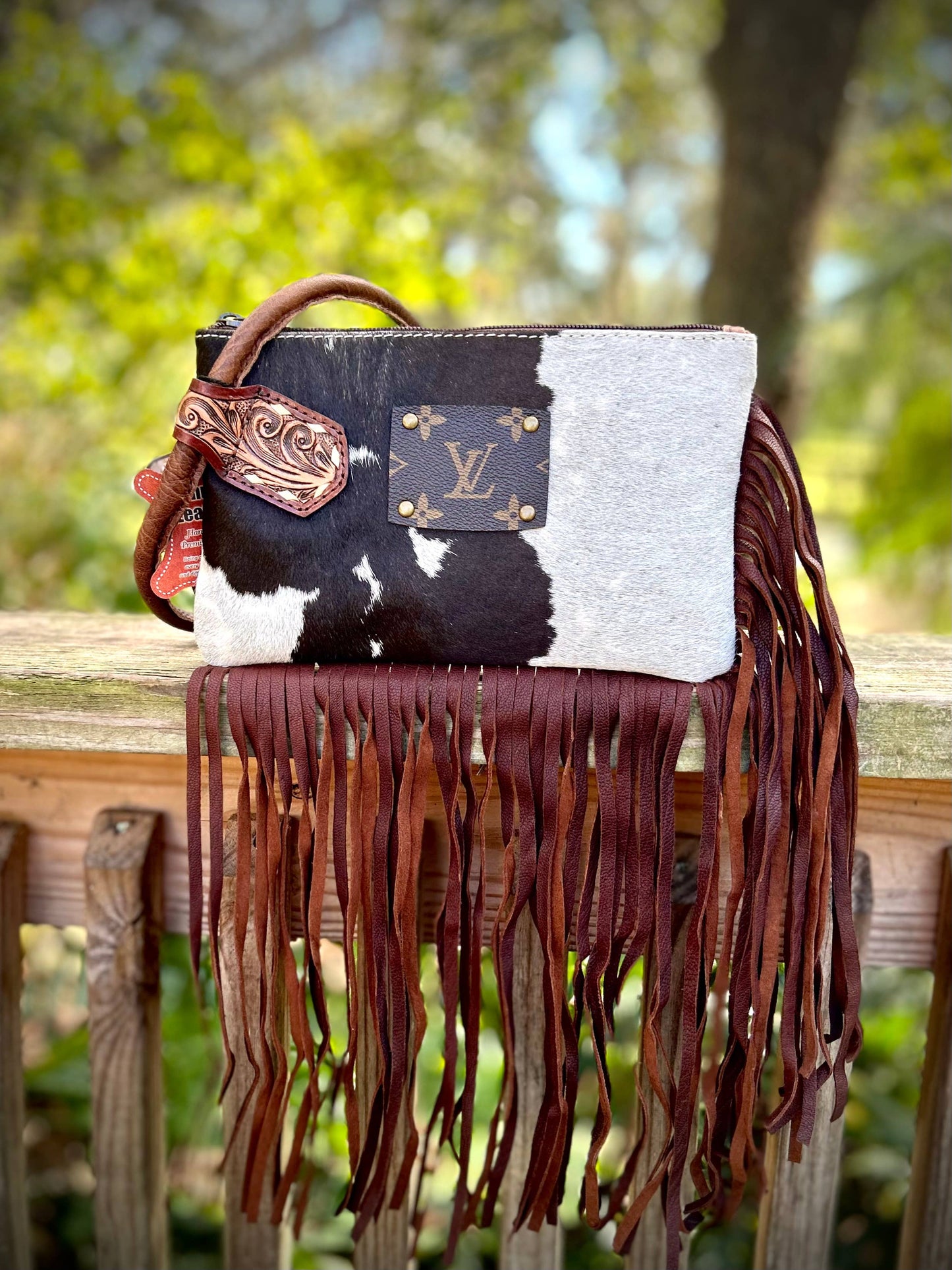 Upcycled LV Cowhide Leather Fringe Wristlet Wallet Bag Boho Southern Junkie
