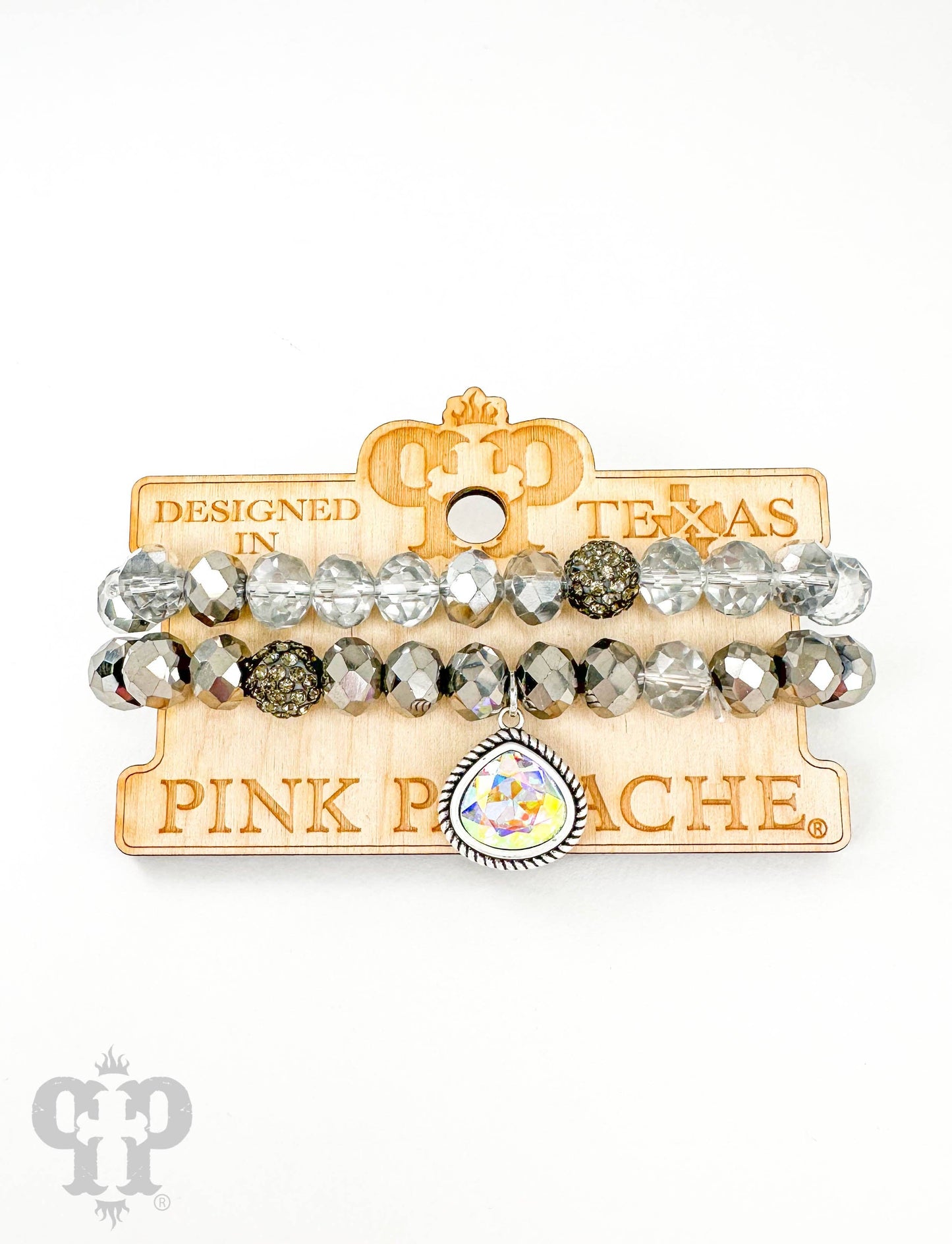 Bead bracelet with rope edge crystal charm: Clear/Silver PP