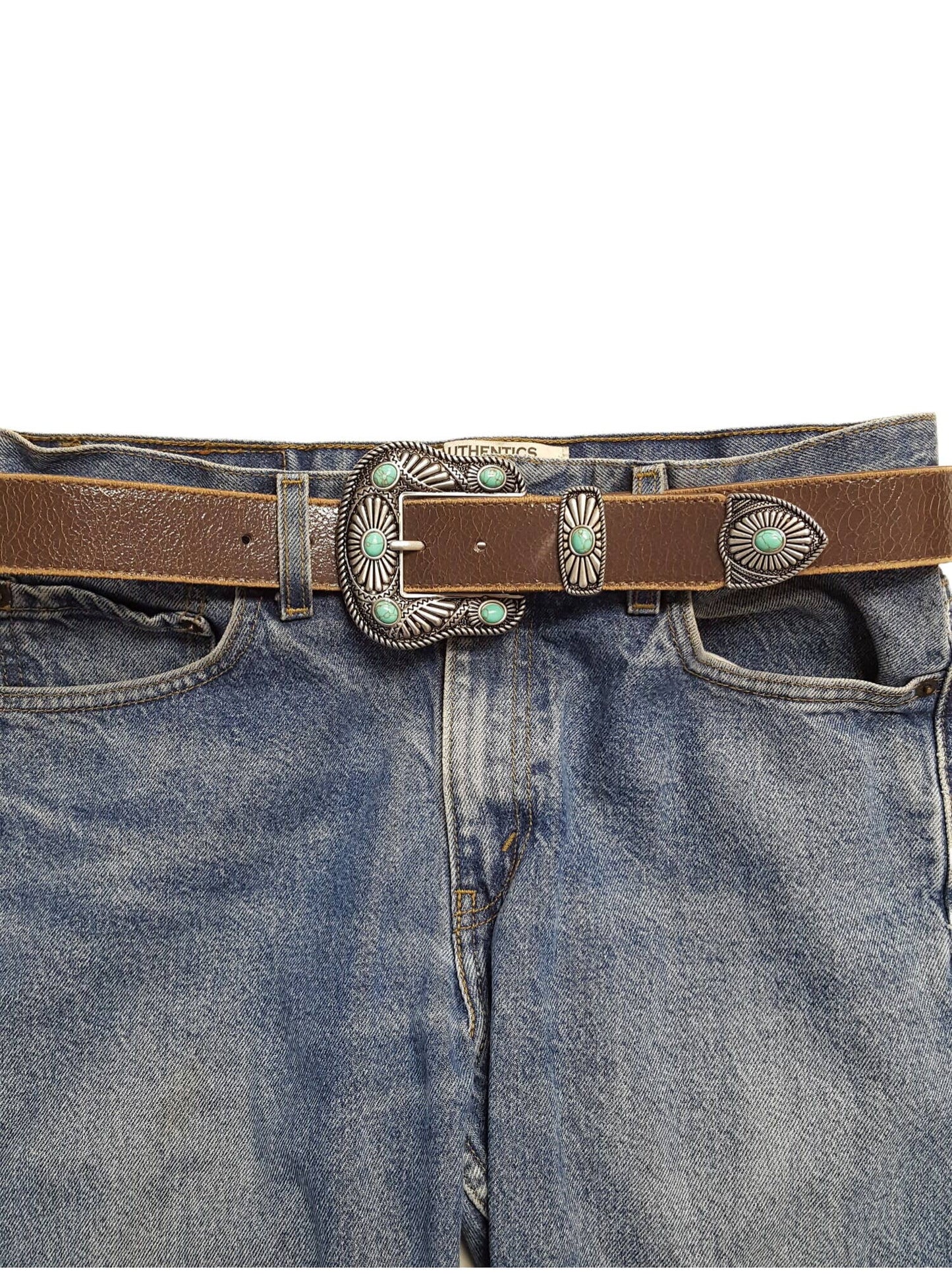 Vintage Leather belt with Western Buckle Set: White w. Blue Stone Axesoria west