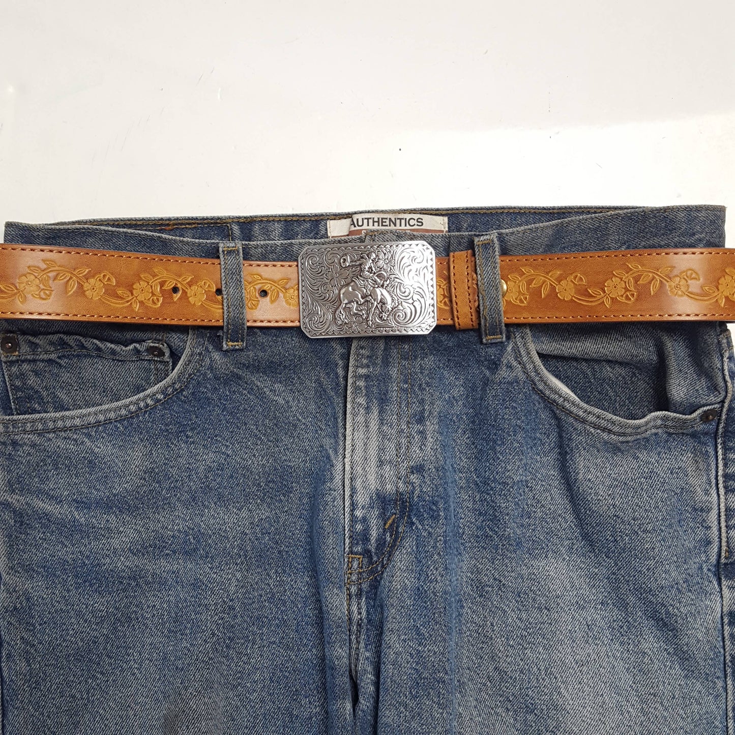 Silver Rodeo Buckle with Vintage floral tooled belt: Tan Axesoria