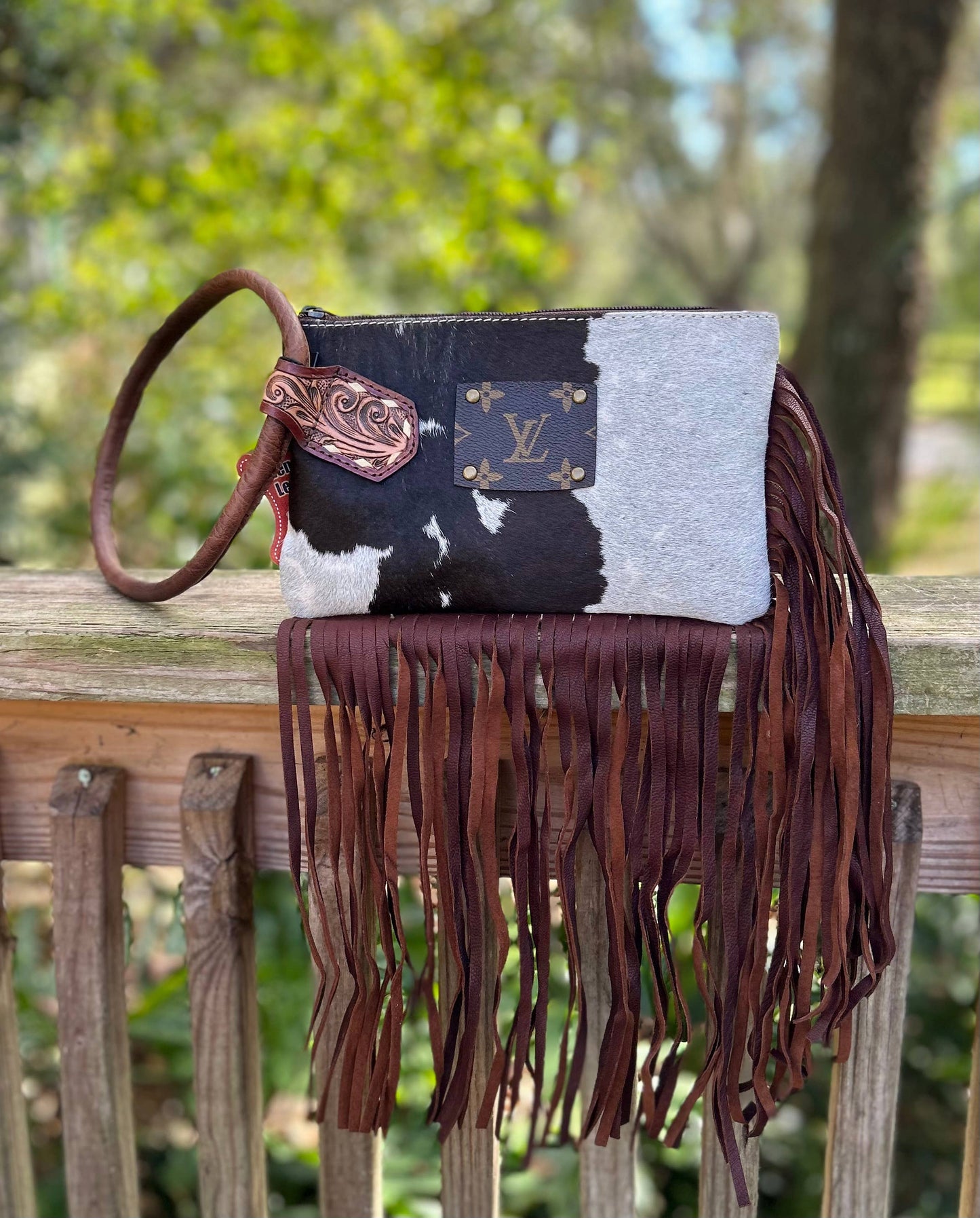 Upcycled LV Cowhide Leather Fringe Wristlet Wallet Bag Boho Southern Junkie