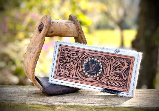 Upcycled LV Tooled Leather Cowhide Wallet Card Holder Boho Southern Junkie