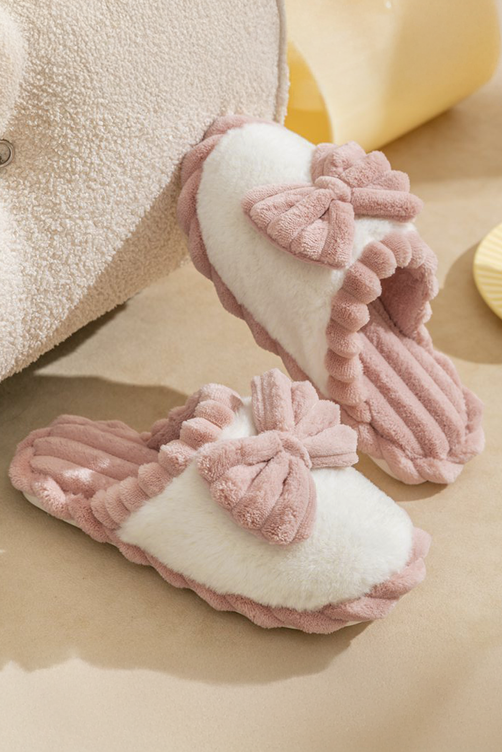 Bow Color Block Ribbed Plush Slippers Fushia 66