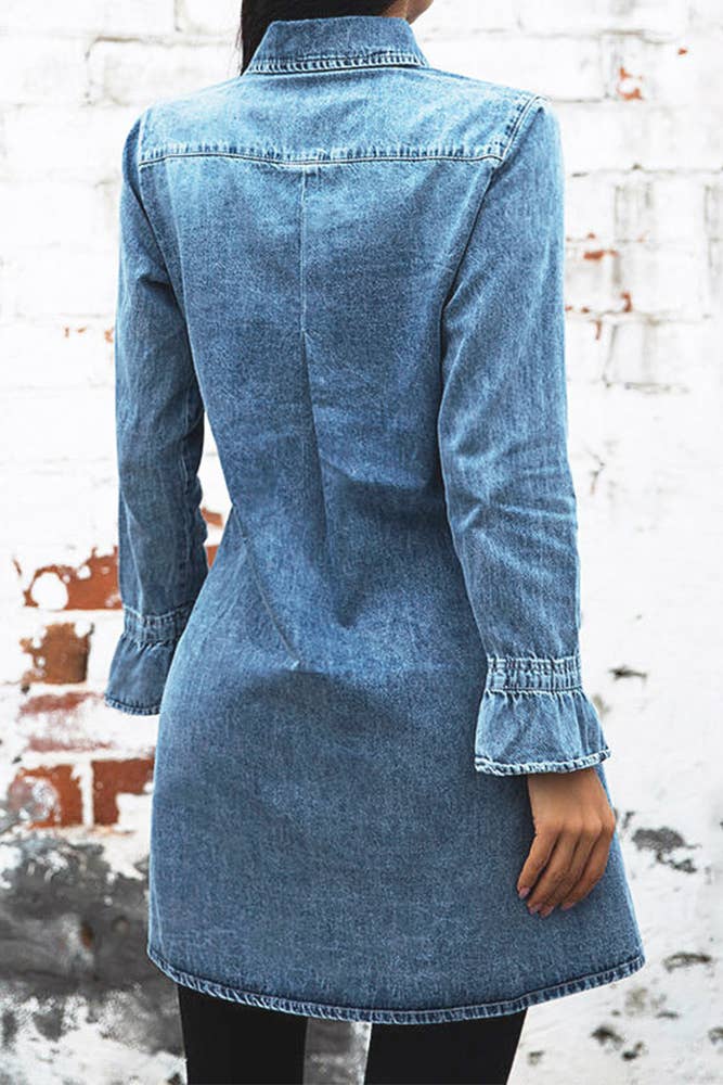 Washed Button Up Denim Mini Dress with Pockets Unishe Blue