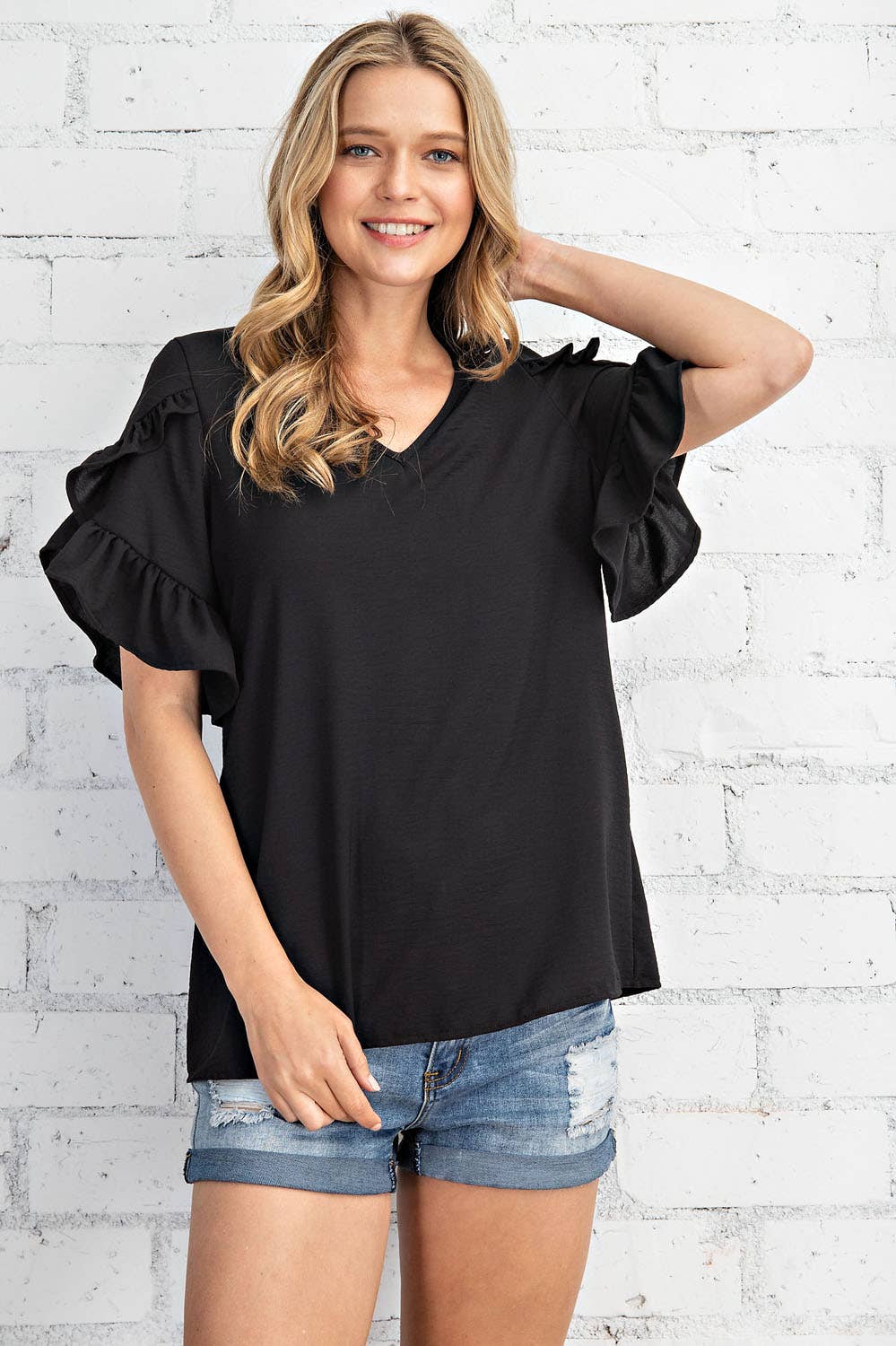 ST2407 - RUFFLED TULIP SLEEVE V NECK TOP: Black FSL Apparel