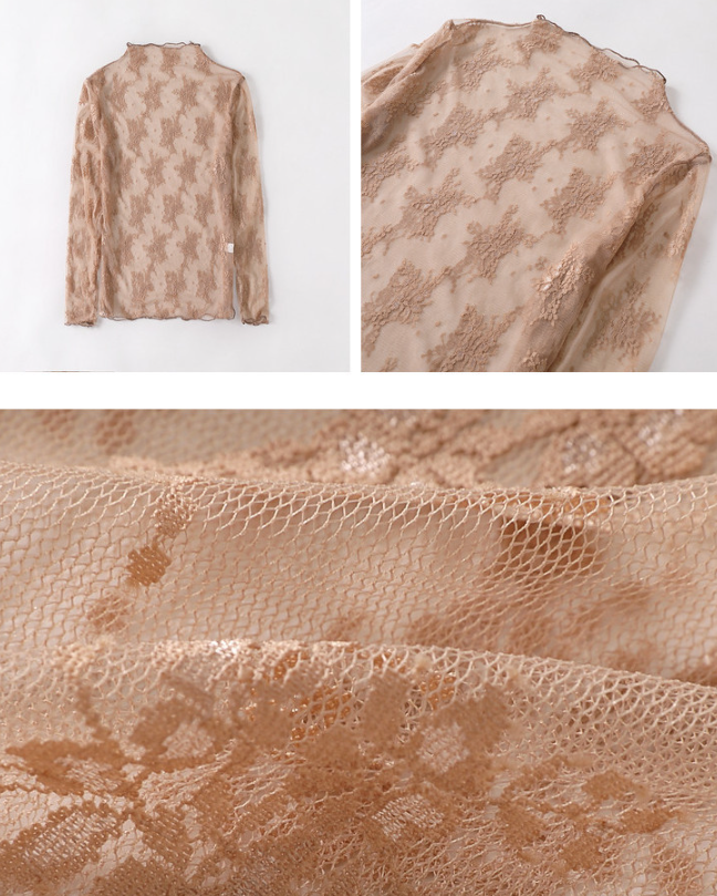 Semi Sheer Mesh Floral Lace Layering See Through Top: Caramel Rosa