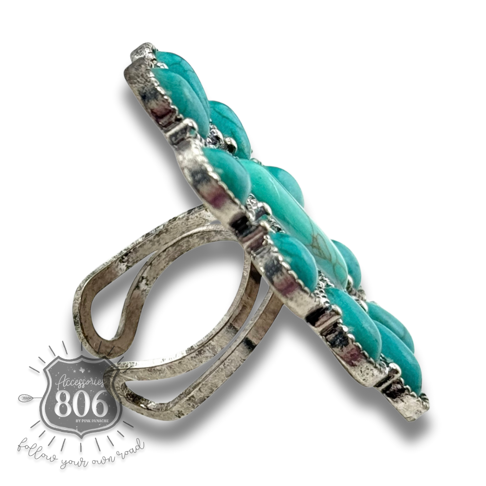 Turquoise color oval flower ring - LC: Turquoise