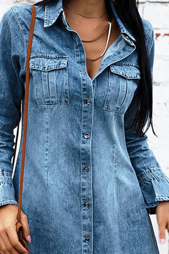 Washed Button Up Denim Mini Dress with Pockets Unishe Blue