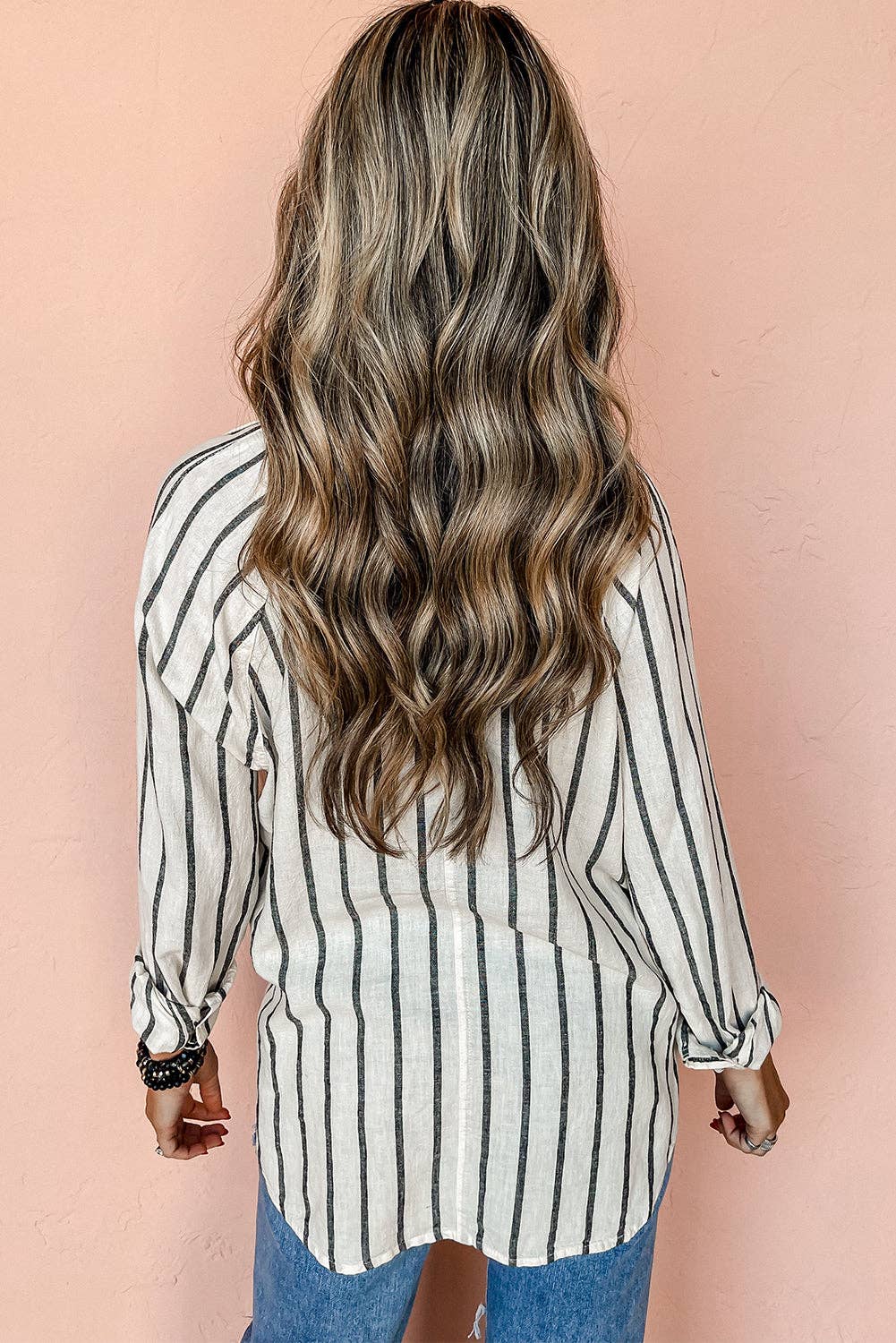 Stripe Chest Pocket Buttoned Oversized Shirt: Black / S-XL Full Time Purchase