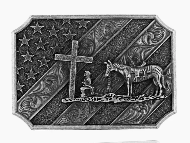 Antique Silver Praying Cowboy Belt Buckle Simple