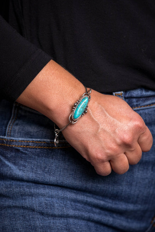 Burnished Silver Rope wire bracelet w/ Oval Turquoise Concho West Co