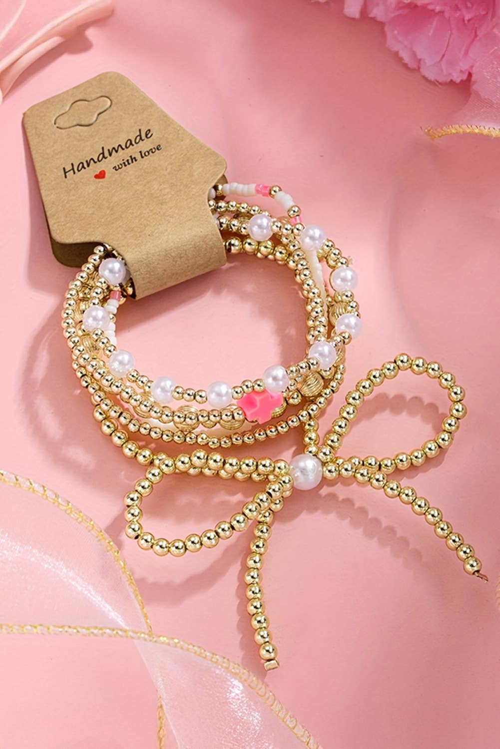 Bow Knot Pearl Decor Beaded Plated Layered Bracelet: Gold LDC