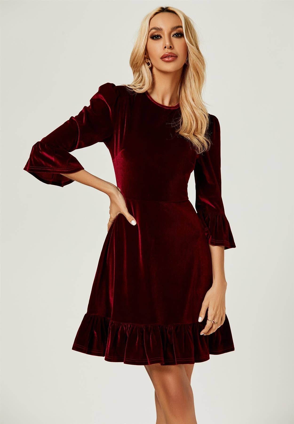 Velvet Frill Detail Mini Dress In Wine: Wine FS Collection