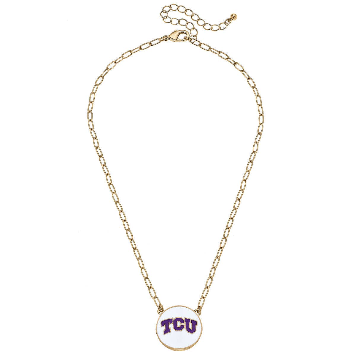 TCU Horned Frogs Enamel Disc Pendant Necklace in White Canvas