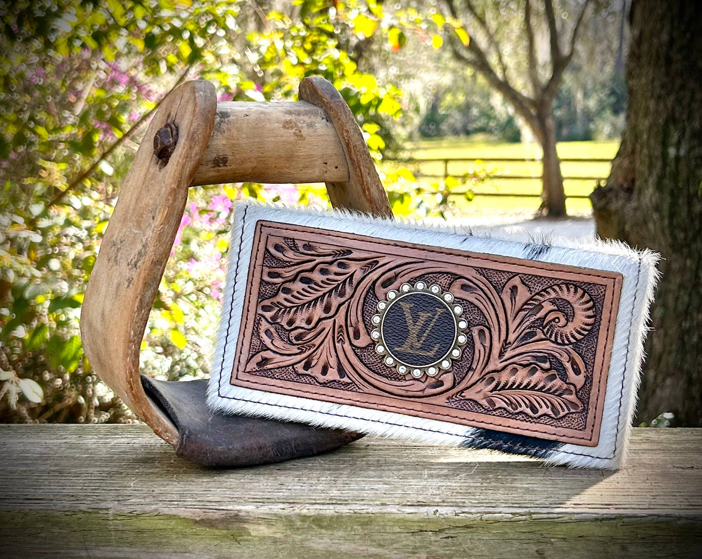 Upcycled LV Tooled Leather Cowhide Wallet Card Holder Boho Southern Junkie