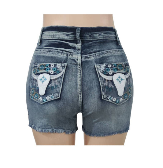 Vintage Embroidered Raw-Edged Denim Shorts: Blue Rosa