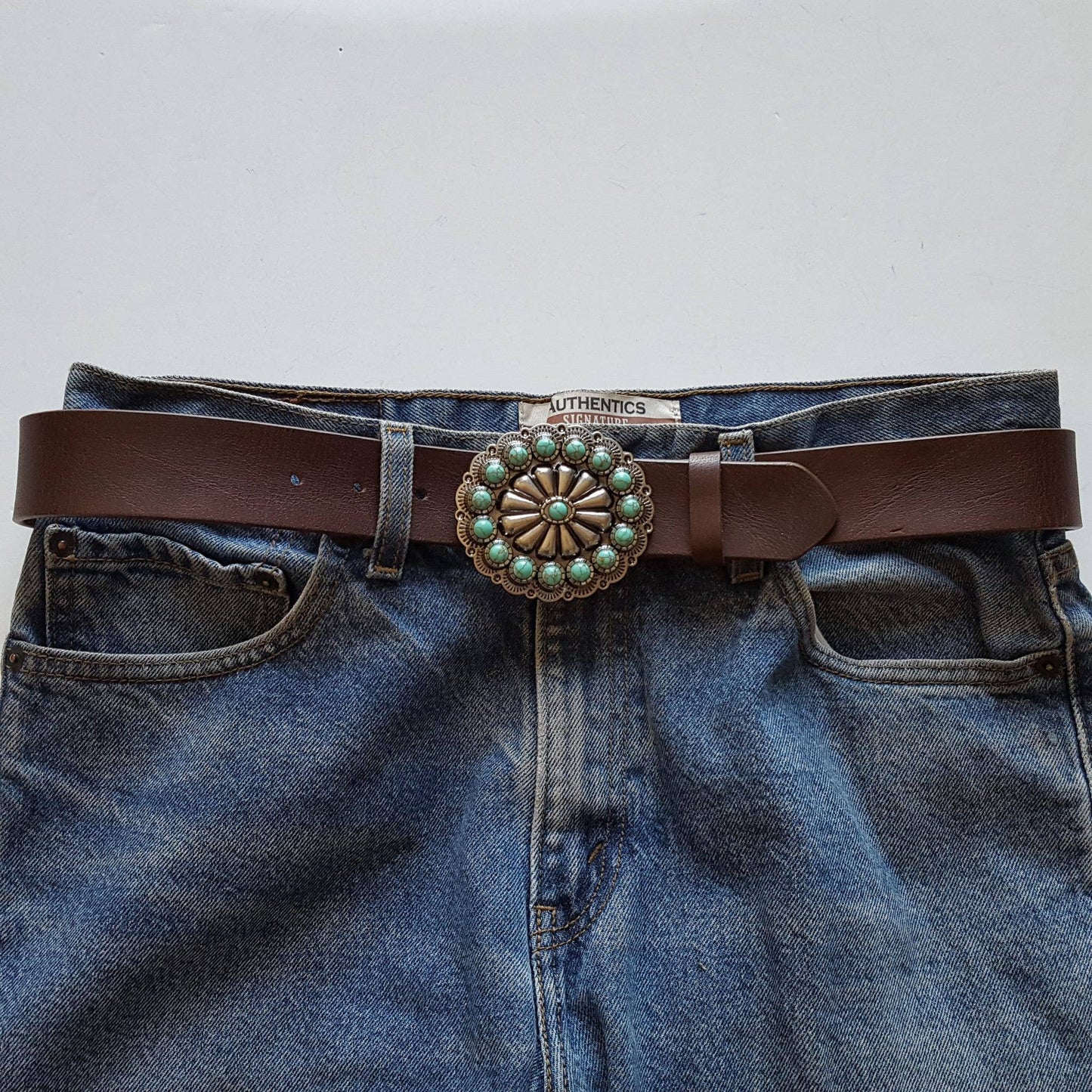 Genuine leather belt w. Western Turquoise Buckle: Brown Axesoria
