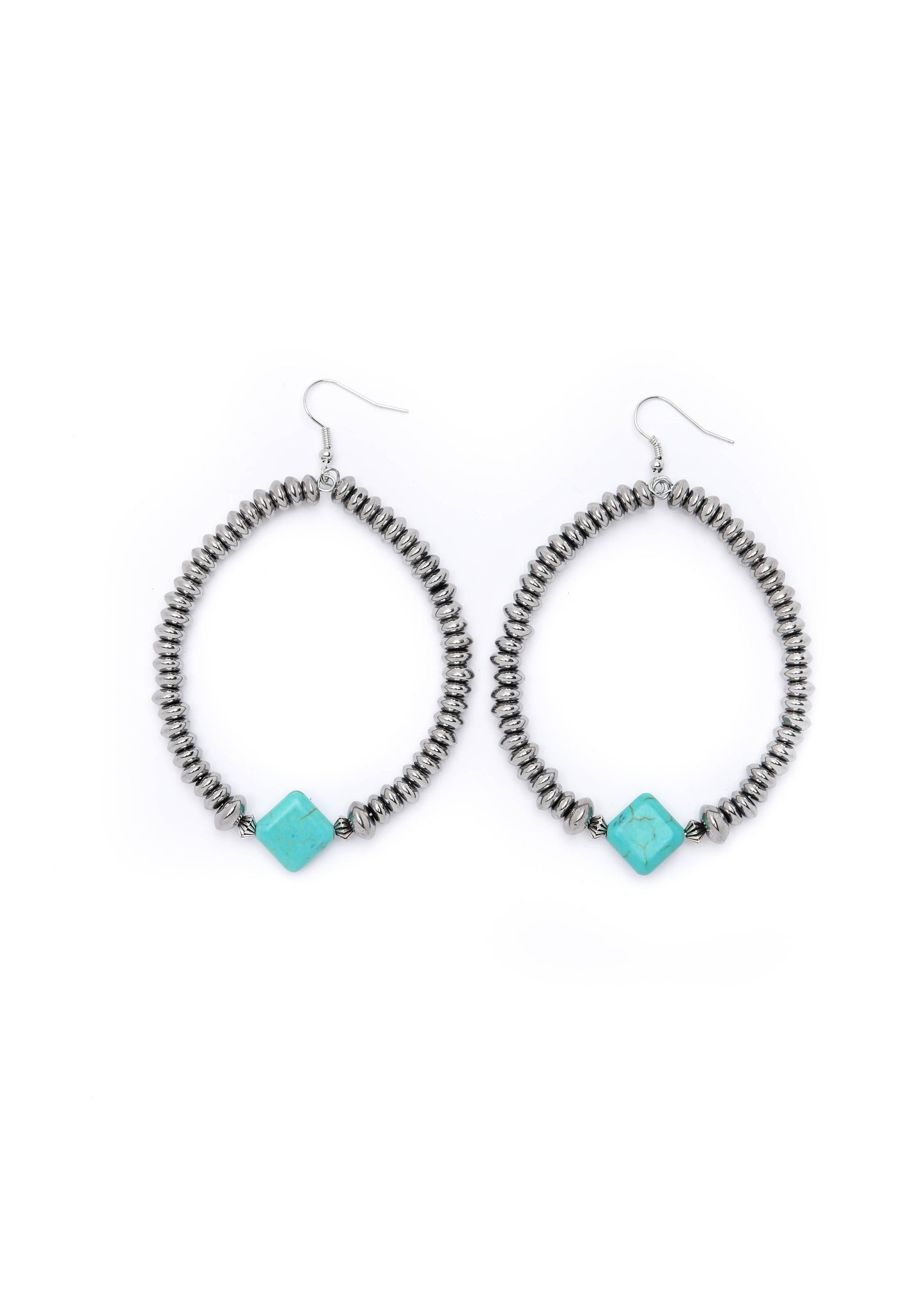 Metallic Silver Dangle Hoop Earring w/ Turq Diamond Accent West Co
