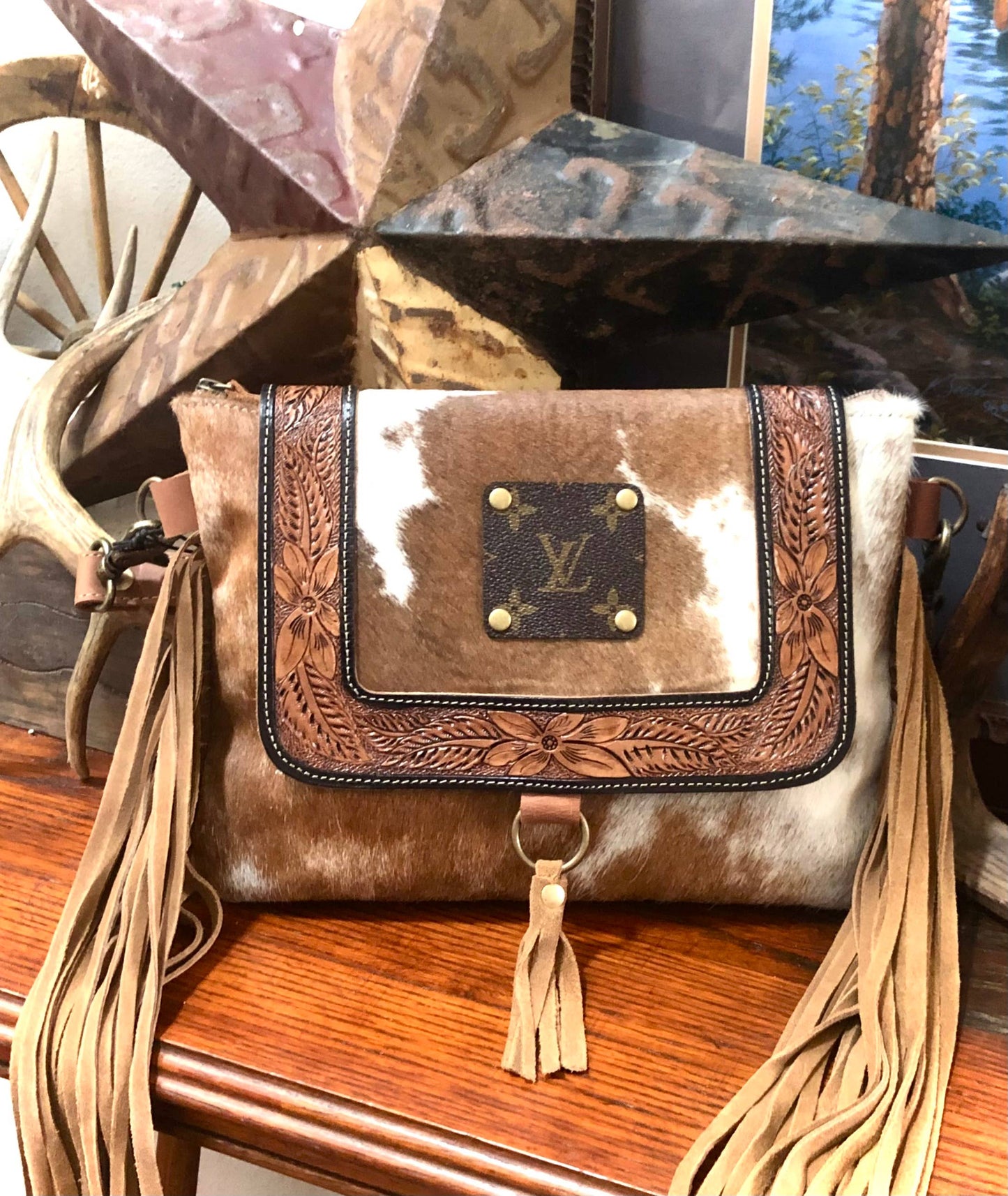 Upcycled LV Cowhide Leather Fringe Crossbody Bag Western Southern Junkie