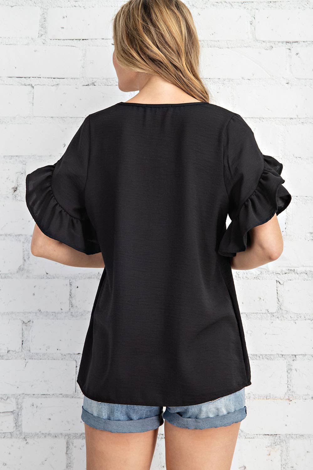 ST2407 - RUFFLED TULIP SLEEVE V NECK TOP: Black FSL Apparel