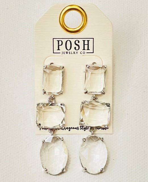 9PE066 * Clear Crystal and 3 Drop Post Earring Posh Silver