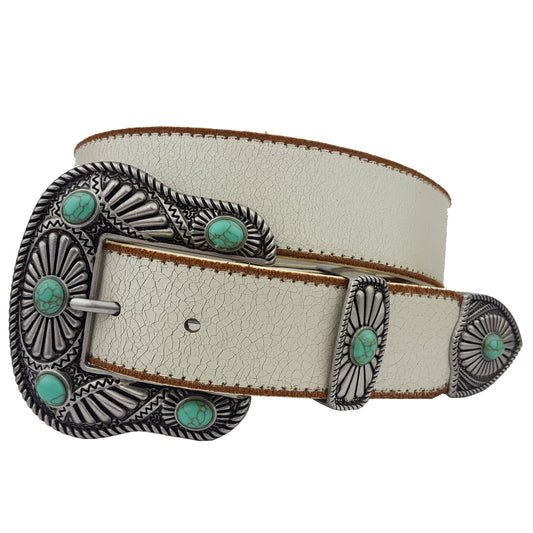 Vintage Leather belt with Western Buckle Set: White w. Blue Stone Axesoria west