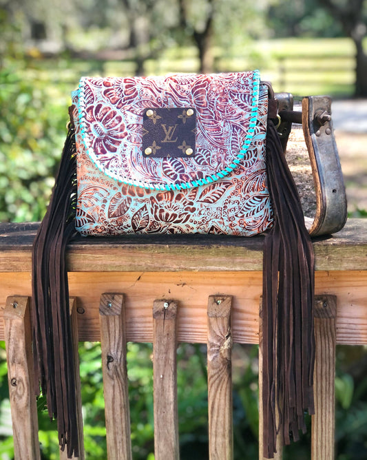 Upcycled LV Leather Fringe Crossbody Bag Western Boho Southern Junkie