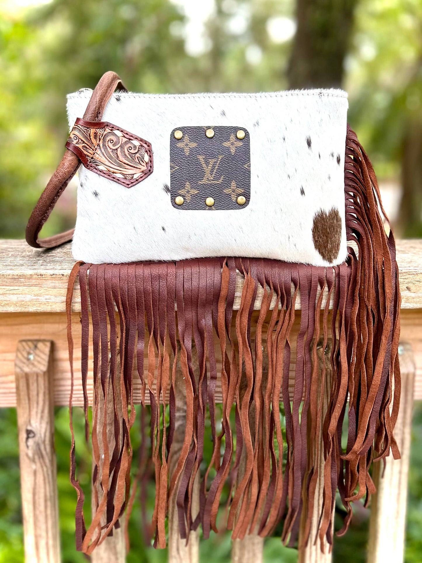 Upcycled LV Cowhide Leather Fringe Wristlet Wallet Bag Boho Southern Junkie