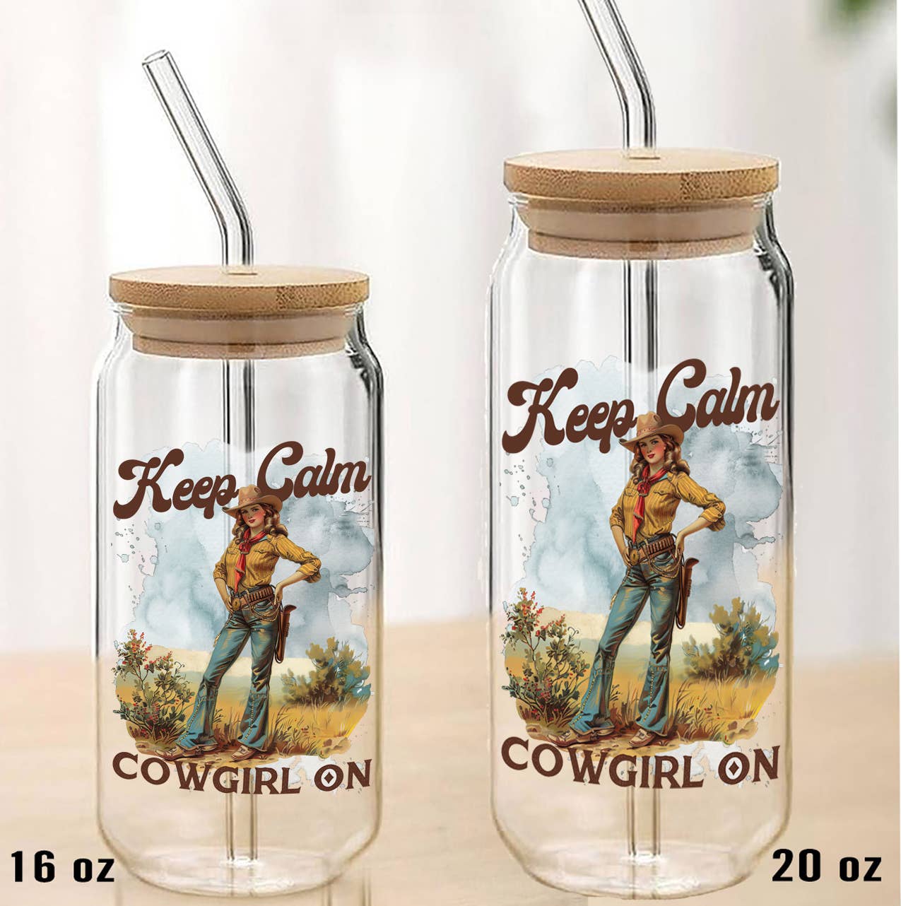 Keep Calm and Cowgirl On Glass with Lid and Straw: 16 oz