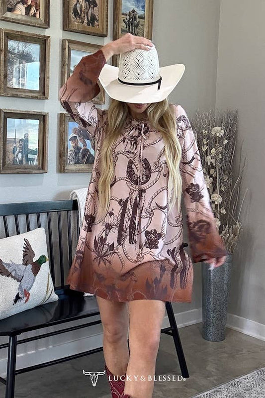 Camel Rope Printed Drawstring Neckline Dress: L&B