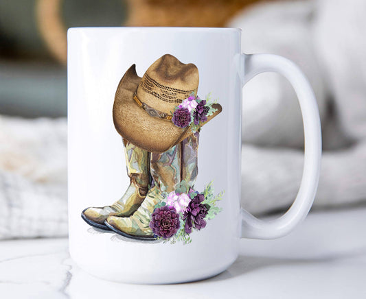 Western Cowboy Boots Hats Southwestern With Purple Flowers Coffee Mug