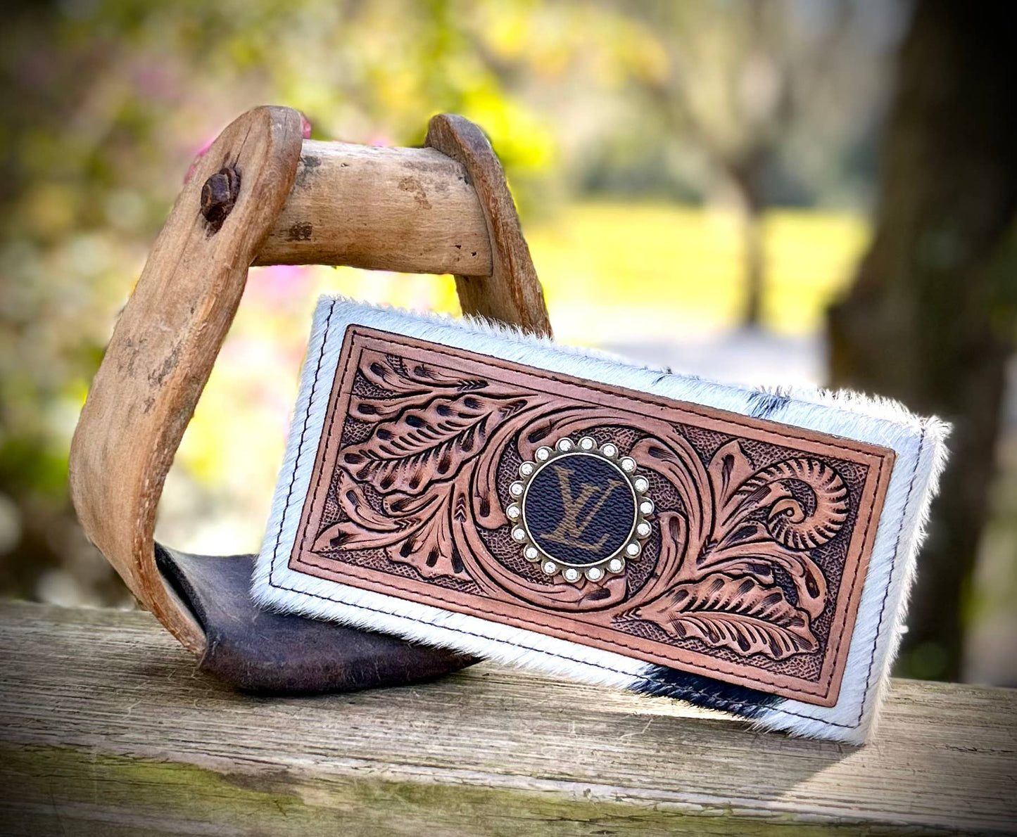 Upcycled LV Tooled Leather Cowhide Wallet Card Holder Boho Southern Junkie