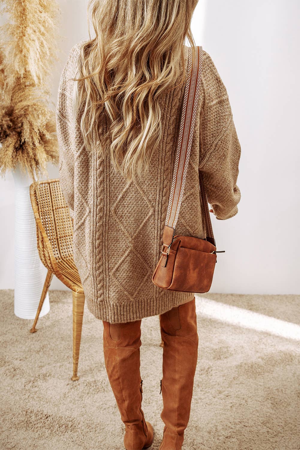 LDC Cable Knit Drop Shoulder Loose Fit Sweater Dress: Parchment Little Daisy Closet