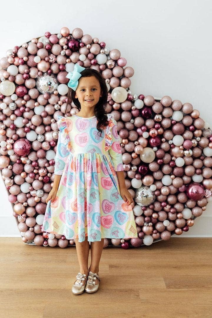 Conversation Hearts 3/4 Sleeve Ruffle Twirl Dress: Mila