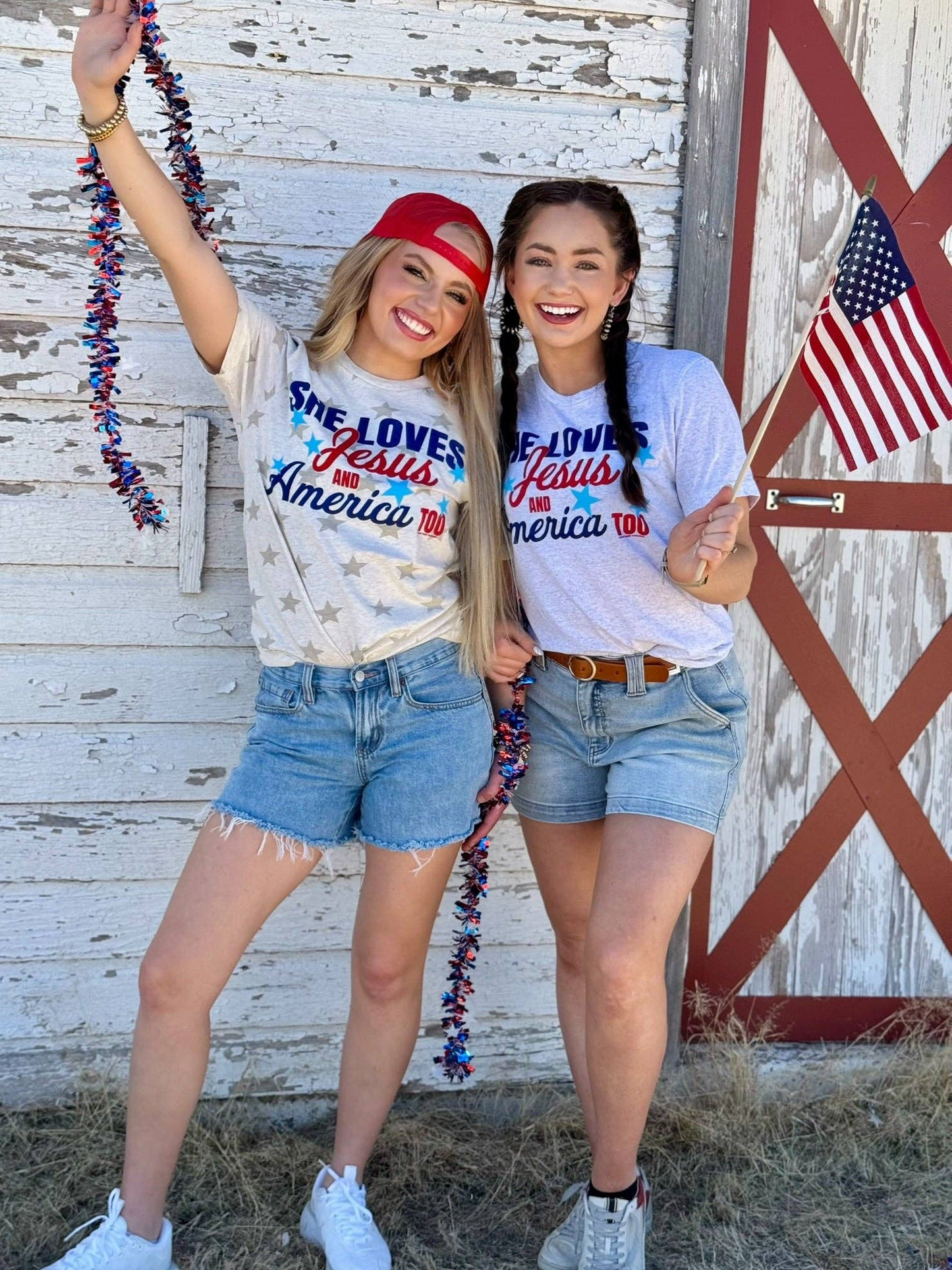 She Loves Jesus & America Too Tee & Tank: White Fleck / Texas True